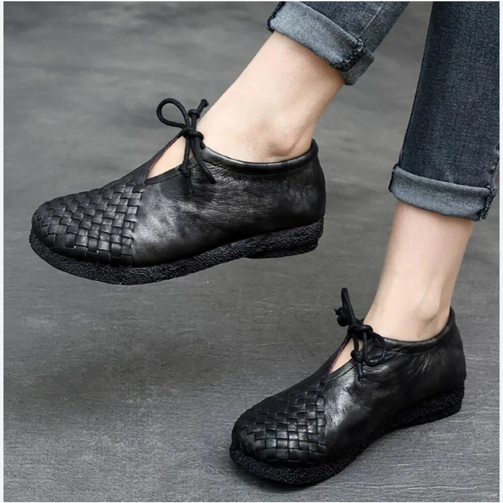 Buykud Women 7 Summer Vintage Soft Black Leather Weave Low Heel Shoes Tie Lace‎
